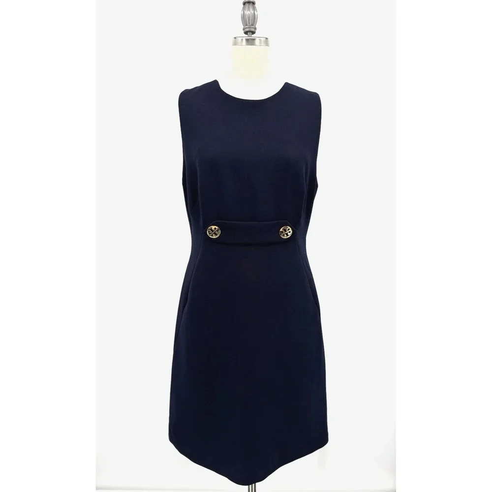 Tory Burch Women Brynn Navy Sleeveless Ponte Wool Blend Dress Size 8 Old Money